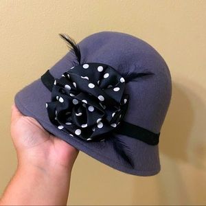 Gray Felt hat with ribbon and faux feathers